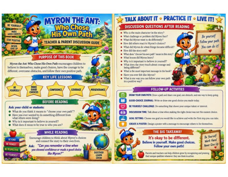Colorful parent and teacher discussion guide for Myron the Ant who Chose His Own Path