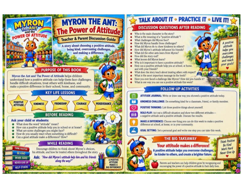 Colorful parent and teacher discussion guide for Myron the Ant who Chose His Own Path