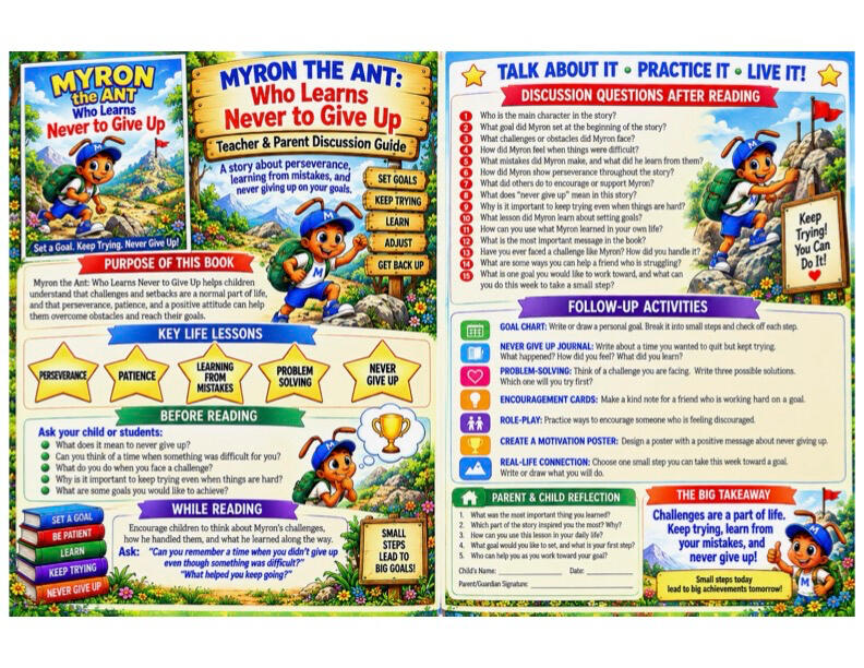 Colorful parent and teacher discussion guide for Myron the Ant who Chose His Own Path
