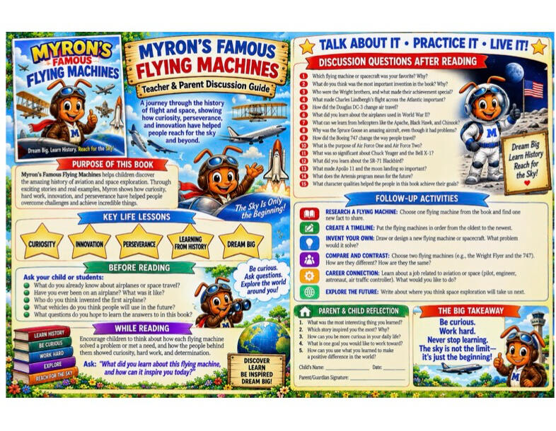Colorful parent and teacher discussion guide for Myron the Ant who Chose His Own Path