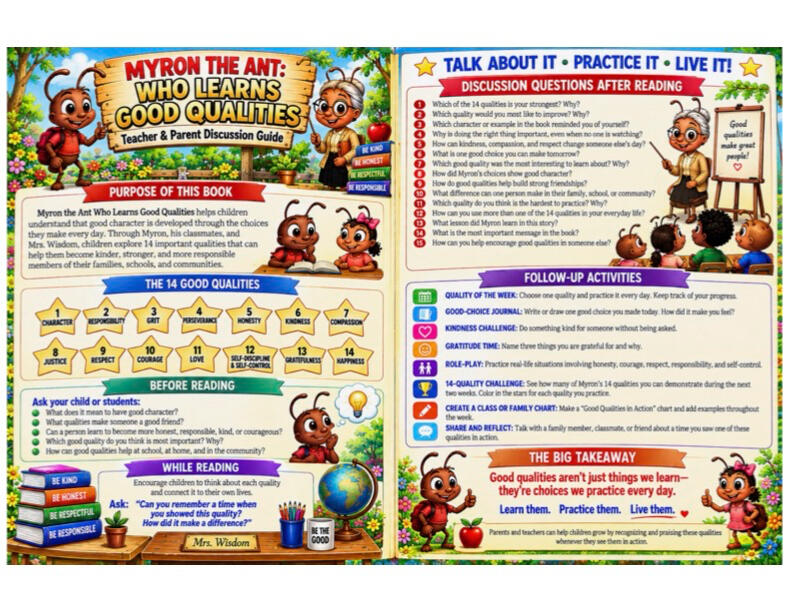 Colorful parent and teacher discussion guide for Myron the Ant who Chose His Own Path
