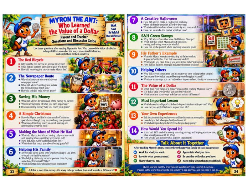 Colorful parent and teacher discussion guide for Myron the Ant who Chose His Own Path